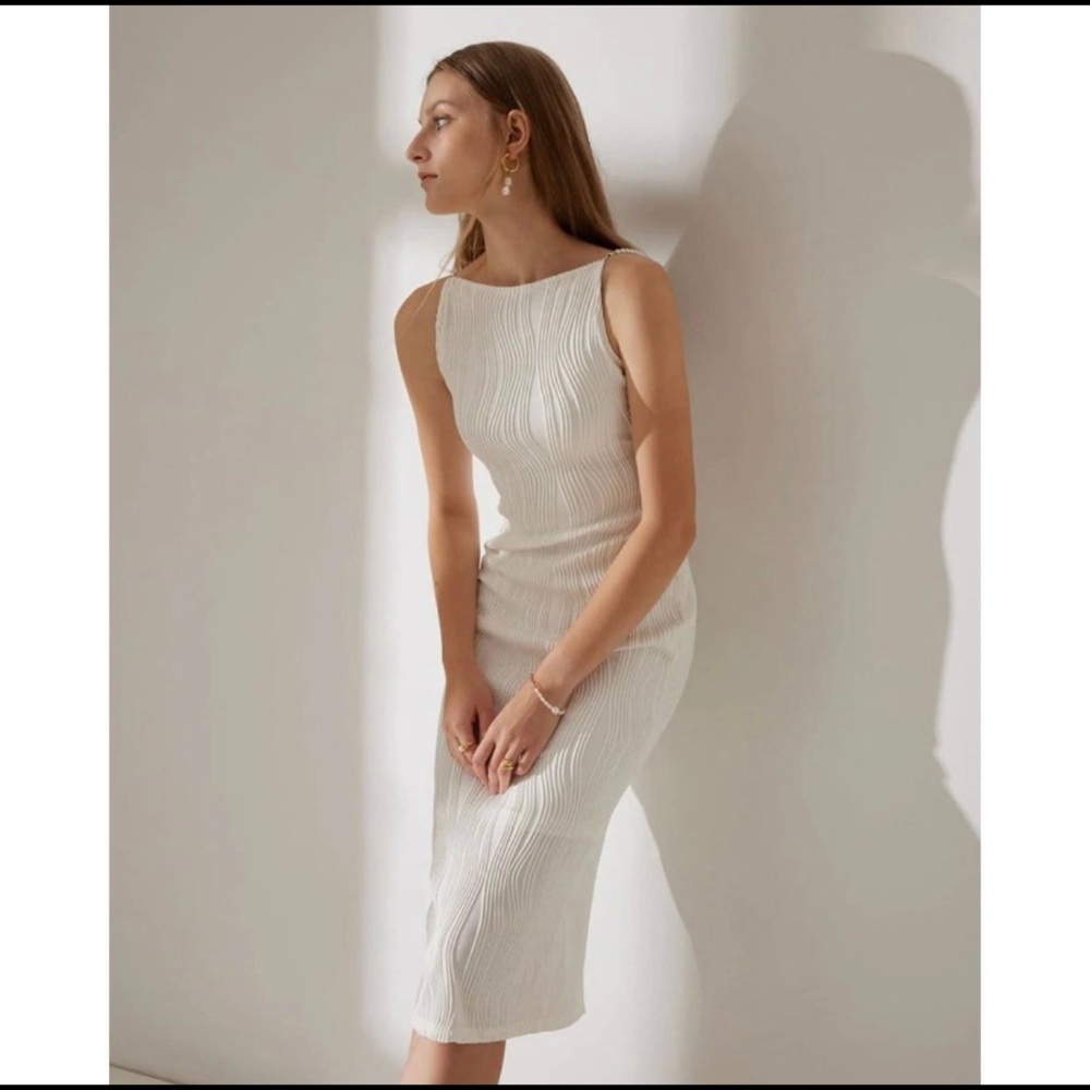 RIHOAS “Old Money” Water Ripple Dress w/ Pearl Straps NWT